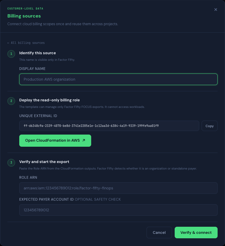 AWS Billing sources form for deploying and verifying the read-only billing export role