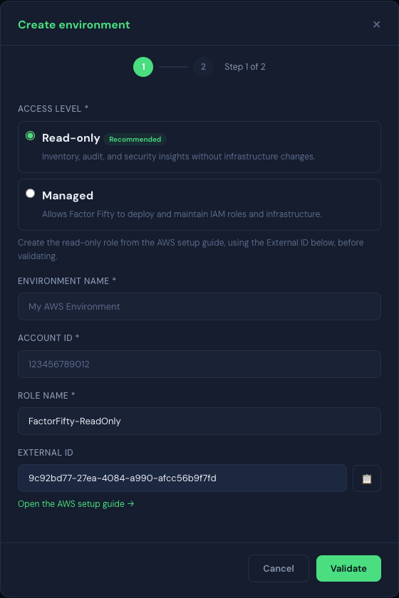AWS onboarding step 1 of 2 with Read-only access selected and the FactorFifty-ReadOnly role