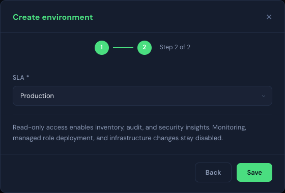 AWS onboarding step 2 of 2 with the SLA and read-only capability summary