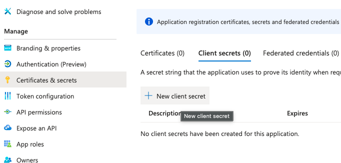 Certificates and secrets page
