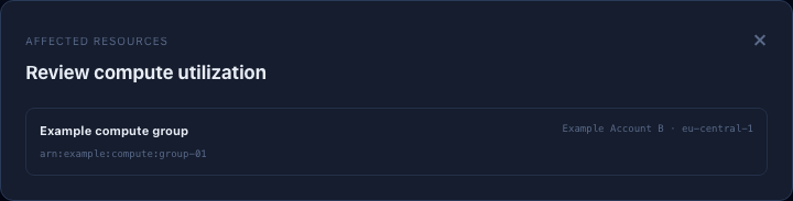Affected-resource dialog with a synthetic resource, account, region, and identifier
