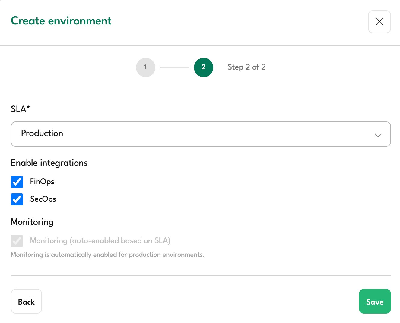 Create environment - Step 2 with selections
