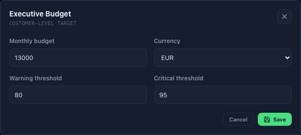 Executive Budget dialog with monthly target, currency, and alert thresholds