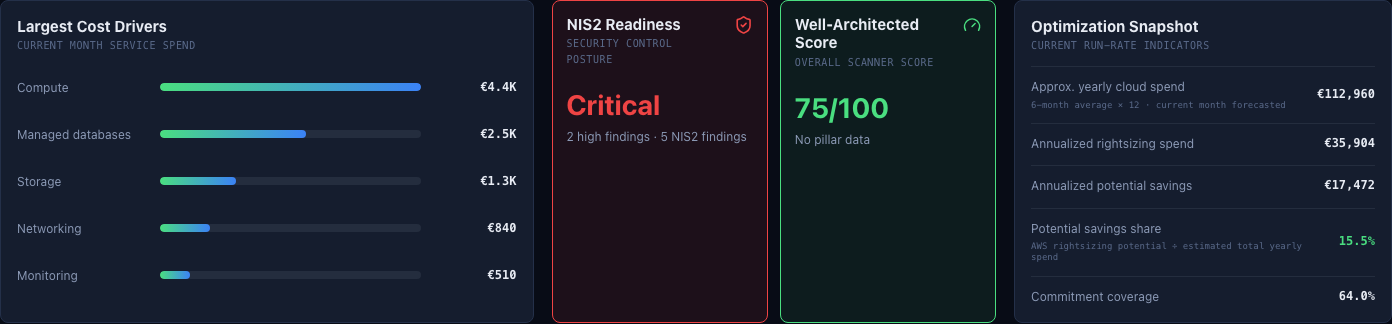 Largest cost drivers, NIS2 readiness, Well-Architected score, and optimization snapshot